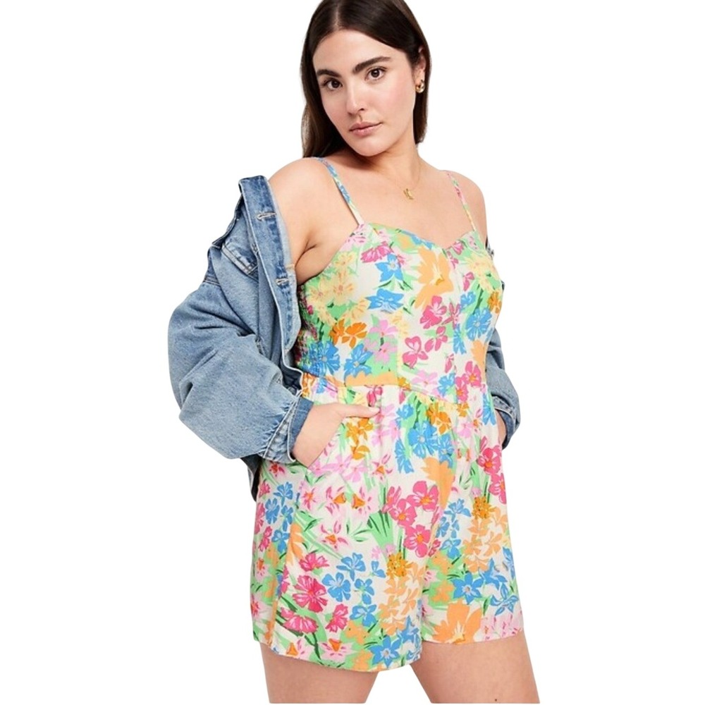 Old Navy Womens Linen Blend Romper Size M Multi-Color Floral Fit & Flare Cami